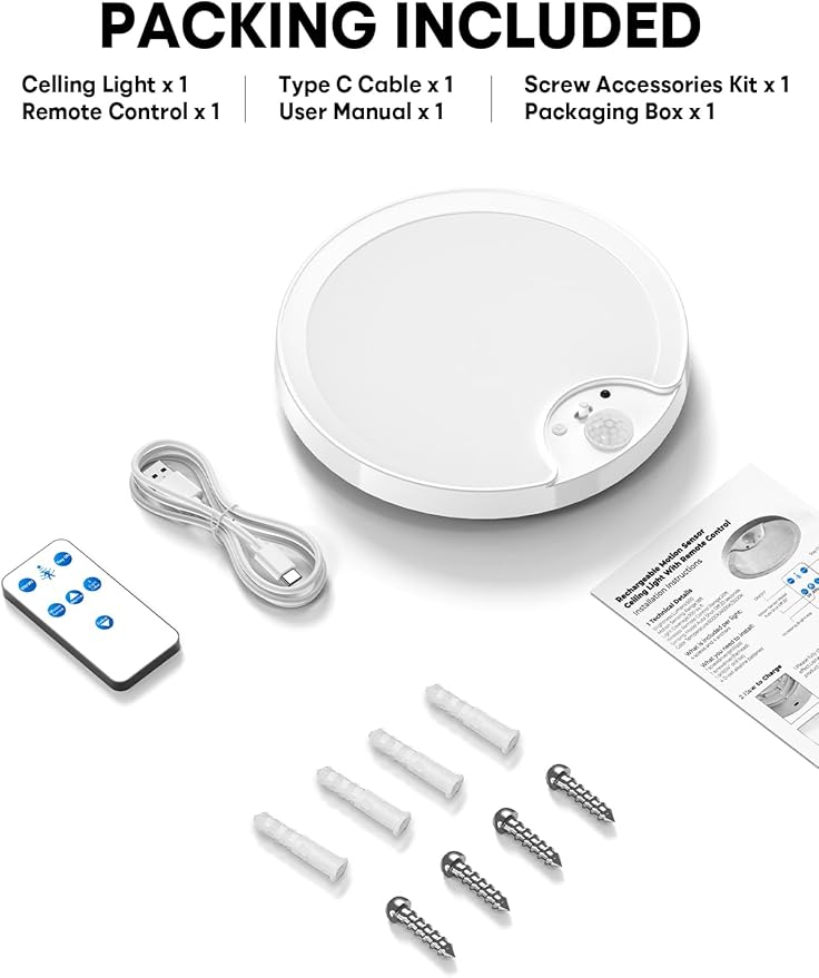 Fizrice Motion Sensor Flush Mount Ceiling Light 2 Pack, 8000mAh 500LM Battery Operated Wireless LED Fixture with Remote Control & Stepless Dimming for Closet Shower Stairs Shed Hallway