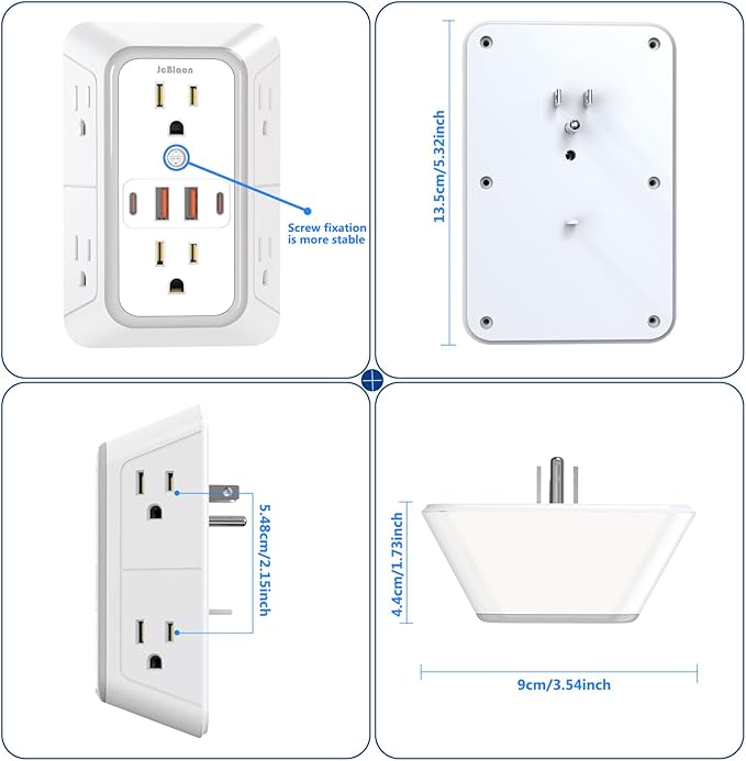 JcBlaon Outlet Extender Surge Protector - 6 Outlet Splitter with 4 USB Ports (2 USB C), Multiple Plug Expander Wall Charger, 3 Sided Multi Plug Wall Adapter Power Strip for Home Office Kitchen Travel