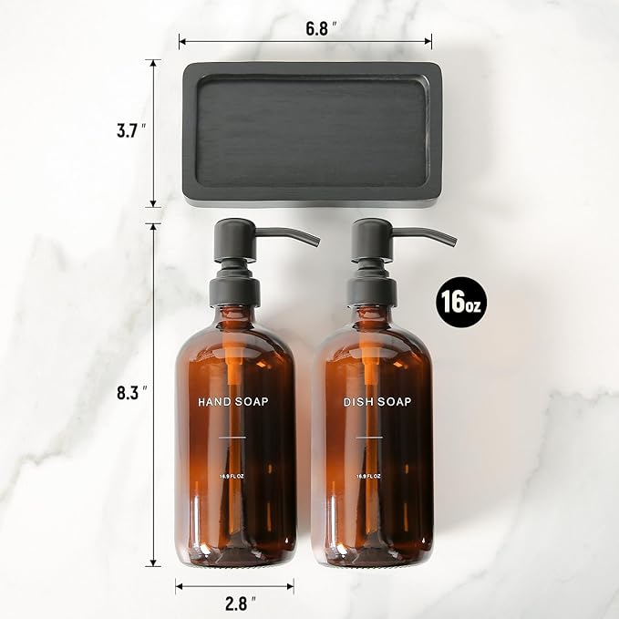 Prus Waso Amber Soap Dispenser Set, Soap Dispenser for Kitchen Sink with Black Stainless Steel Pump, Perfect for Kitchen Accessories Decor. (Amber)