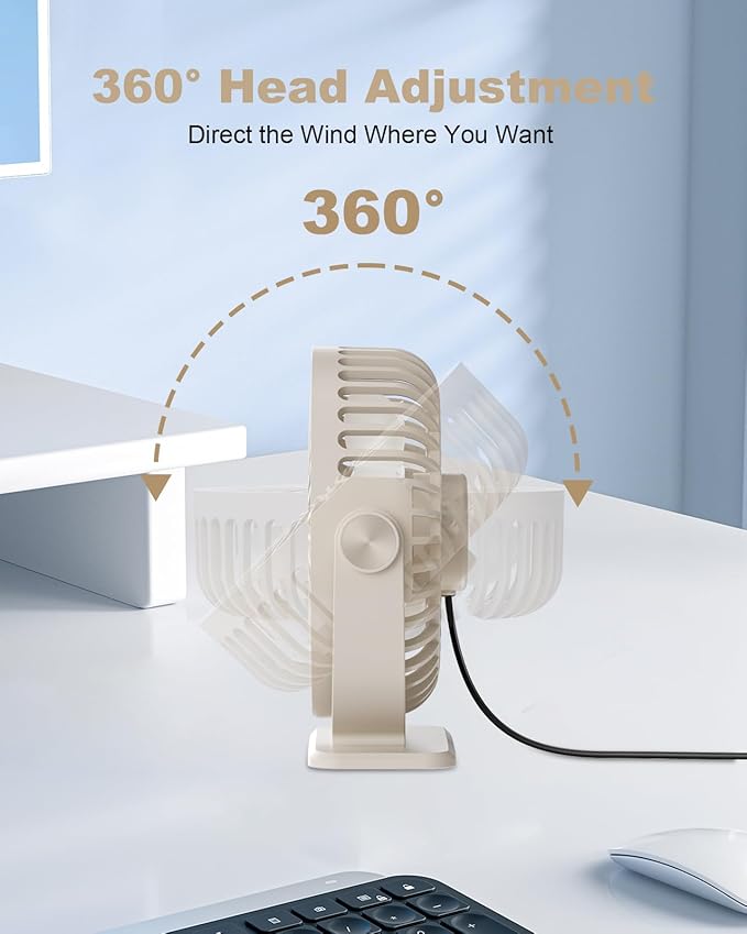 TriPole USB Desk Fan Small Portable Personal Fan, 3 Speeds Adjustable Strong Breeze Mini Electric Fan, 360° Rotation Quiet Plug In USB Fan for Desktop Bedroom Office Table Travel Cruise, Beige, 4.5in