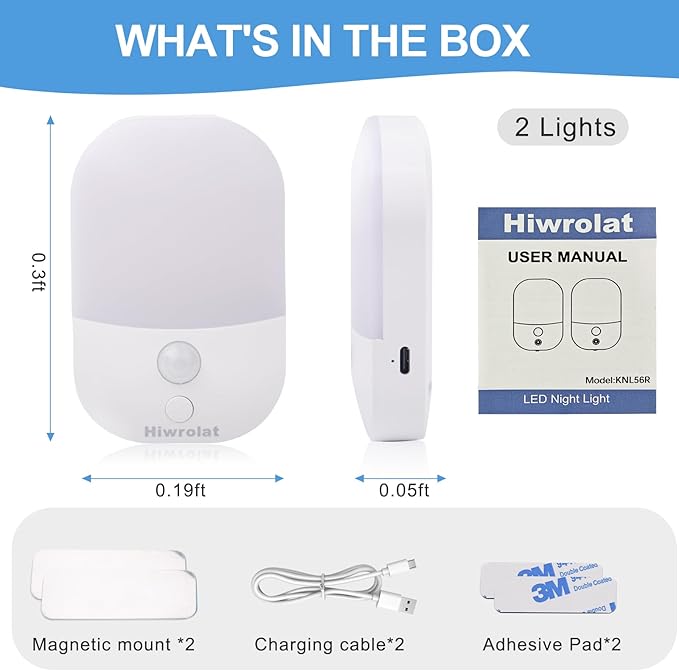 Motion Sensor Night Light, LED Dimmable Warm White Type-C Rechargeable Battery, for Hallway, Bathroom, Stair, Wardrobe, Bedroom, Auto On/Off, 2 Pack