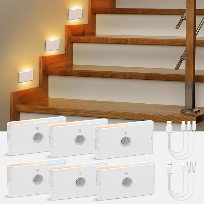 wowatt 3CCT Rechargeable Stair Lights Indoor, White Stairway Lights Indoor with Magnetic Mount, Dimmable Stair Lights Motion Sensor for Stairway, Hallway, Kitchen, Bathroom(6 Packs)