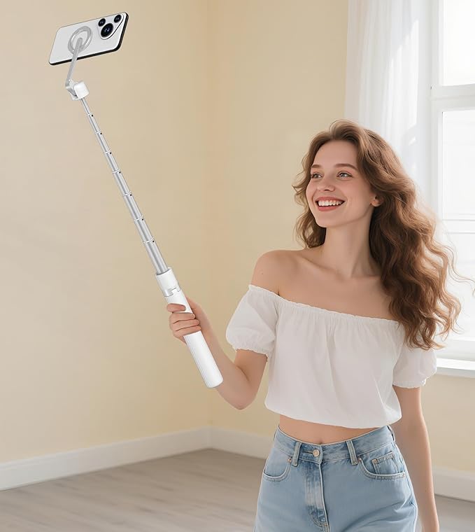 TONEOF 68" Magnetic Selfie Stick Tripod with Aluminum Strong Magnetic Holder for Magsafe, 360° Rotatable Travel Phone Tripod Stand with Metal Ring & Rechargeable Remote for iPhone/Android(White)
