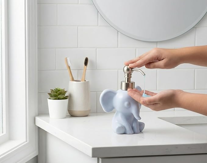 Cute Elephant Shape Soap/Hand Sanitizer Metal Pump Dispenser, Refillable for Bathroom Accessories, Gifts for Kids (Matt Blue)