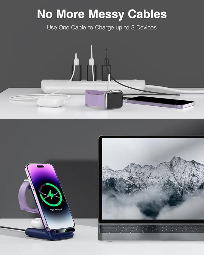 Wireless Charging Station,3 in 1 Charging Stand Made for Apple Watch Ultra 11 10 9 8 7 6 SE 5 4 3,Fast Wireless Charger Made for iPhone 17/Air/16/15/14/13/12/11,for AirPods Pro 3(with Adapter) (Blue)