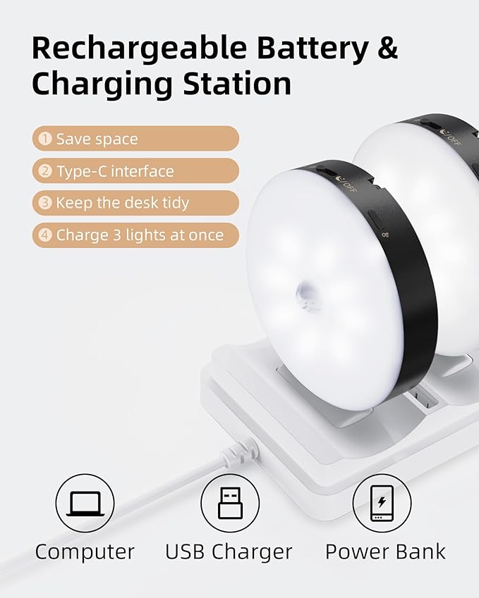 EZVALO Under Cabinet Lighting with Charging Station, 1000mAh Rechargeable Puck Lights with Remote, 3 Color Temps & 12 RGB Closet Lights, Dimmable Motion Sensor Lights for Shelf, Kitchen (6 Packs)