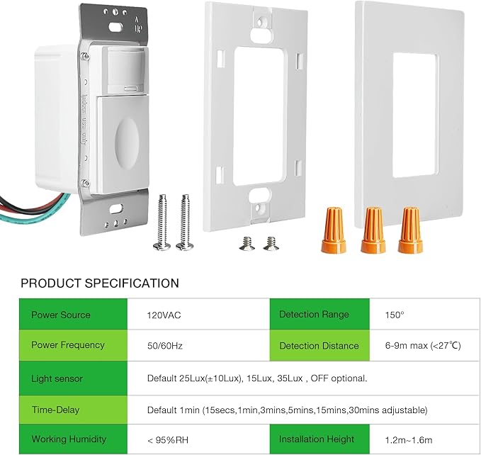 RAYZEEK Motion Sensor Light Switch, No Neutral Wire Required, No Ground Wire Needed,5A,Single Pole, Occupancy&Vacancy&Manual On/Off Override Motion Sensor Activated Wall Switch,PC Fireproof