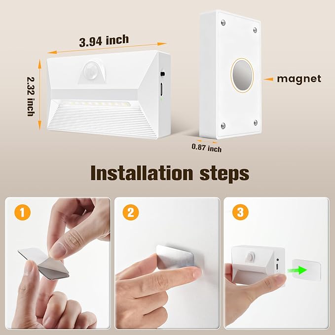VOLISUN Motion Sensor Stair Light Rechargeable 6 Pack, Night Lights 3 Modes & 3 Color Temperatures, Magnetic Rechargeable Stick-On Lights for Stairs, Hallway, Cabinet(White)
