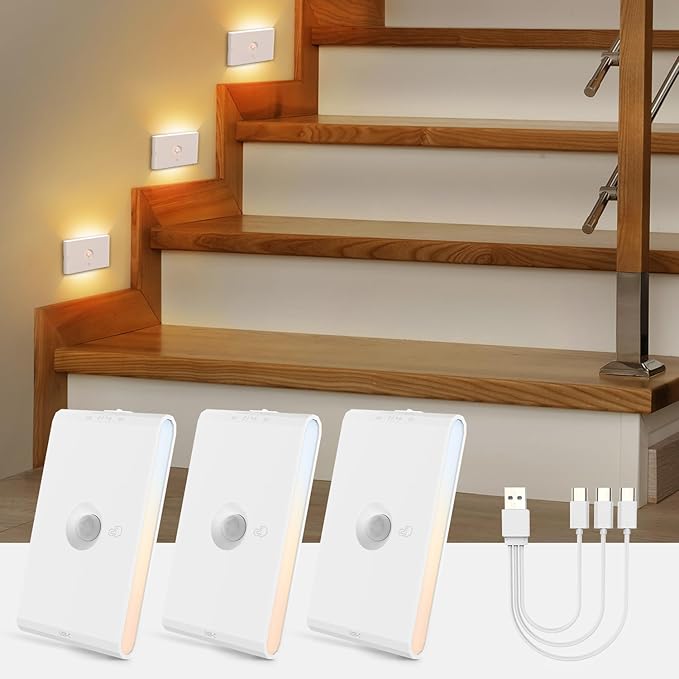 wowatt 3CCT Rechargeable Stair Lights Indoor, White Stairway Lights Indoor with Magnetic Mount, Dimmable Stair Lights Motion Sensor for Stairway, Hallway, Kitchen, Bathroom(3 Packs)