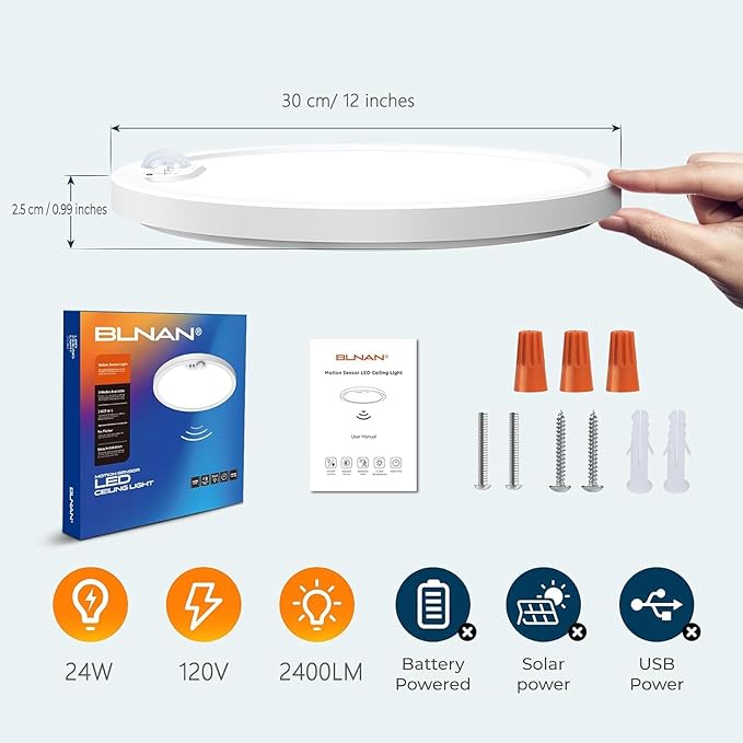 BLNAN 2Pack Motion Sensor LED Ceiling Light, 12 Inch Wired Flush Mount Ceiling Light 3000K 4000K 5000K, Motion Activated Light with Timer for Hallway Stair Walk-in Closet, Non-Dimmable