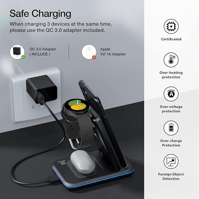 Wireless Charger for Samsung/Android, HOLYJOY Foldable 3 in 1 Fast Charging Station/Stand/Multi Charger for Samsung S25 Ultra/S24/Note 20, Travel Pad for Galaxy Watch 8/7/6/5/Active 2, For Buds(Black)
