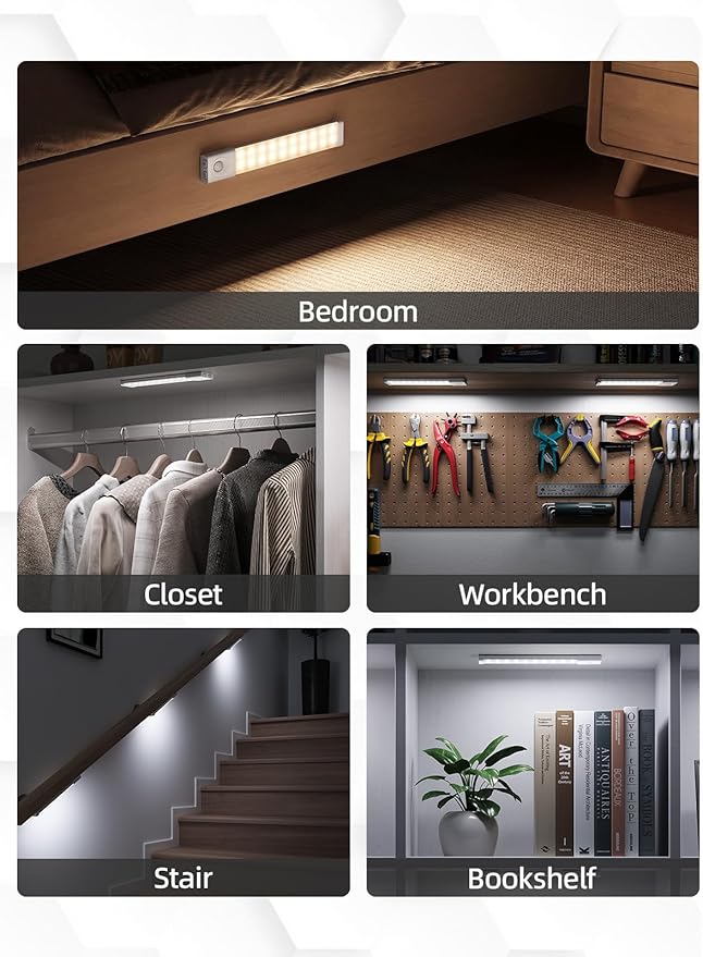 EZVALO 6 Pack Under Cabinet Lights with Charging Station, 8 inch Motion Sensor Light Indoor, 1100mAh Rechargeable Wireless, 3 Color Temperatures, Dimmable LED Closet Lights for Pantry, Hallway, Stair