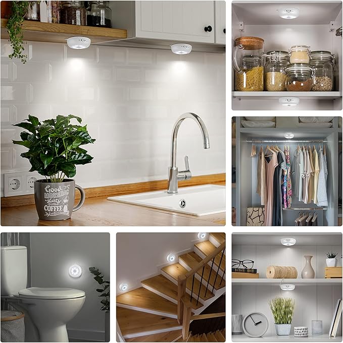 Reoshine Motion Sensor Light Indoor, LED Night Light Closet Lights, Under Cabinet Lights, AA Battery Operated Stick on Wireless Puck Lights for Wall, Step, Stair, Dimmable (3 Pack)