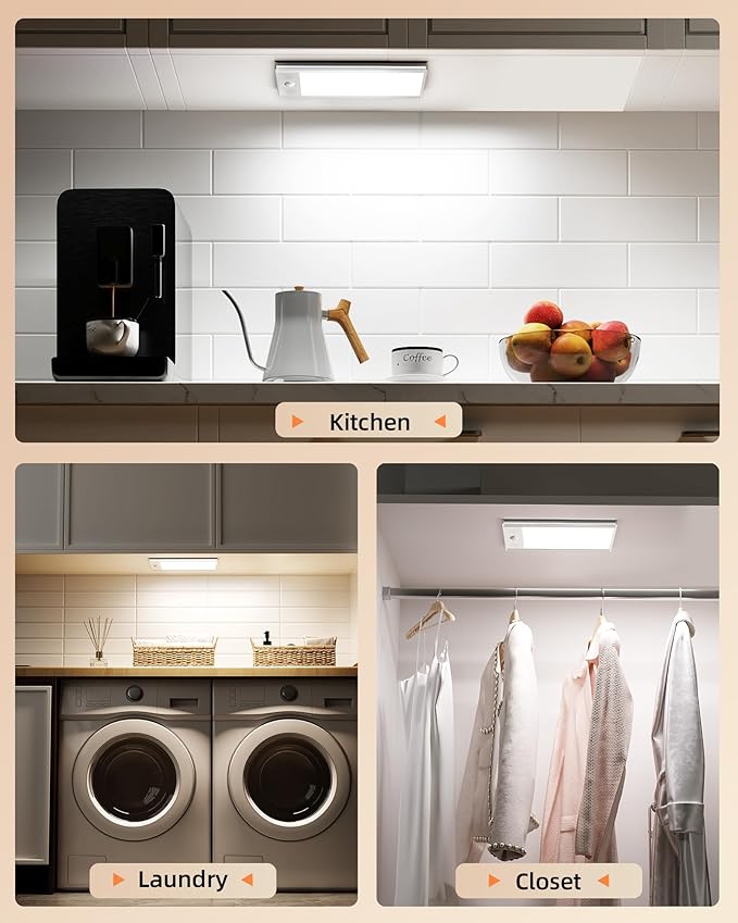 EZVALO 3000mAh Under Cabinet Lighting Wireless, 150LM Super Bright Motion Sensor Light, Rechargeable Under Counter Lights for Kitchen, Dimmable Closet Light with 3-Inch Ultra-Wide Panel 2Pack