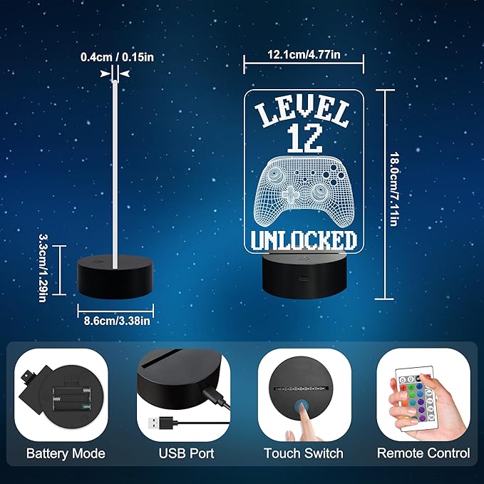YuanDian Gamer Gifts, Level 12 Unlocked Gaming Controller Graphic Funny 3D Illusion Lamp 16 Colors Changing Touch & Remote Control, Desk Decor Gift for Gamers Teenagers and Kids
