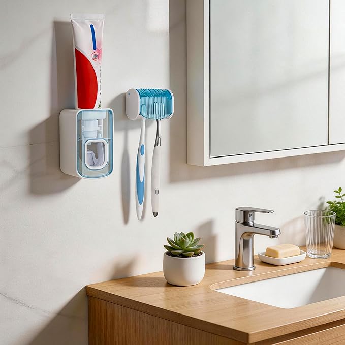 2 Slots Wall Mount Toothbrush Holder with Cover, Self Adhesive Toothbrush Storage Organizer for Shower, Toothbrush Hanger with Automatic Toothpaste Squeezer Dispenser(Blue)