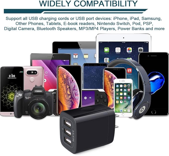 Wall Charger Plug, USB Charger Cube, AILKIN 3.1A 3-Muti Port USB Adapter Power Plug Charging Station Box Black Base for iPhone 17 16 15 14 13 12 11 Pro Max/SE, Samsung Galaxy Phones Charge Block