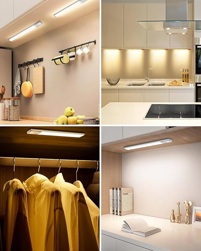 Under Cabinet Lighting Wireless Motion Sensor Light Indoor, 12" Rechargeable Kitchen Bar Lights, 300LM Ultra-Bright Cabinet Lights with Remote, 2500mAH, USB-C, 3 Colors, 3 Packs