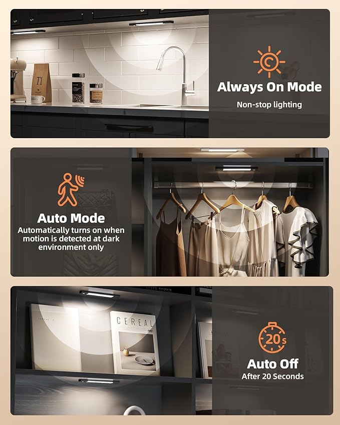 EZVALO Under Cabinet Lighting, Wireless Closet Lights, 50 LED Rechargeable Motion Sensor Light, Dimmable, 3 Color Temperatures, 11.8 in Counter Lights for Kitchen, Pantry, Wardrobe (3 Pcs, Black)