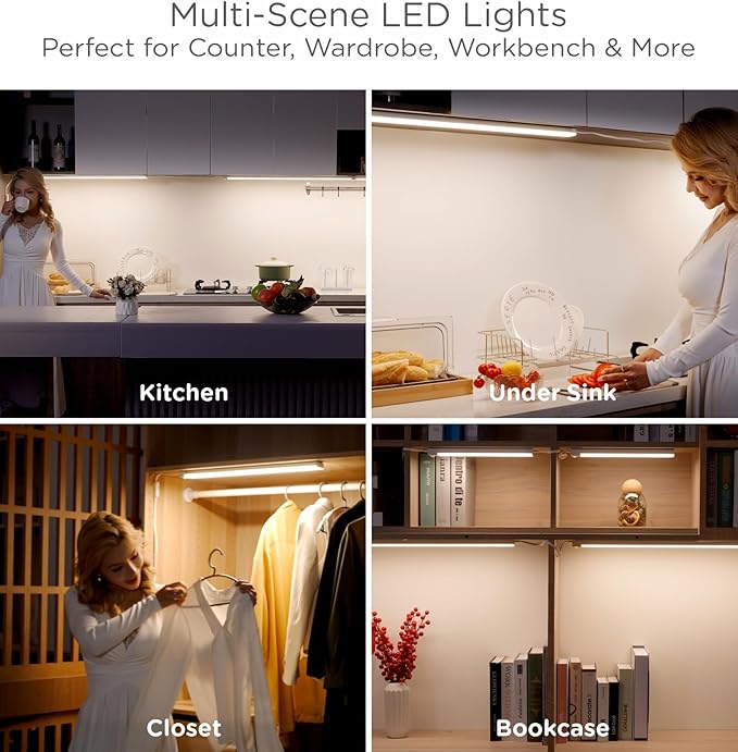 Leetdud Under Cabinet Lighting Plug in 16 Inch, 120V Motion Sensor Lights Indoor, 3CCT 3000/4000/5000K, Aluminum Linkable Super Bright LED Counter Light with Timer for Kitchen, Shelf, Closet, 2 Pack
