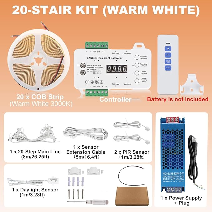 Smart Motion Sensor Stair Light for Indoor, No Wiring Required 40 inches Long COB LED Stair Lights Indoor with Remote Controller (Warm White 3000K, 20 Stairs)
