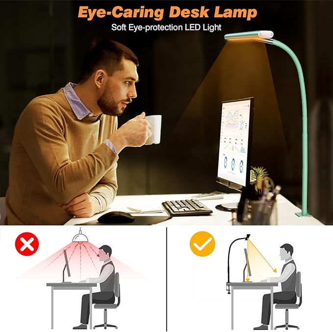 Airlonv LED Desk Lamp for Office Home, Eye-Caring Desk Light with Stepless Dimming Adjustable Flexible Gooseneck, 10W USB Adapter Desk Lamp with Clamp for Reading, Study, Workbench (Mint Green)