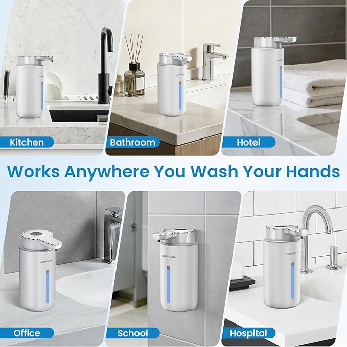 Automatic Foaming Soap Dispenser Touchless, 15oz/420ml USB-C Rechargeable Hand Soap Dispenser, 6-Level Adjustable Foam, IPX5 Waterproof, Wall Mount or Countertop for Bathroom Kitchen, Silver