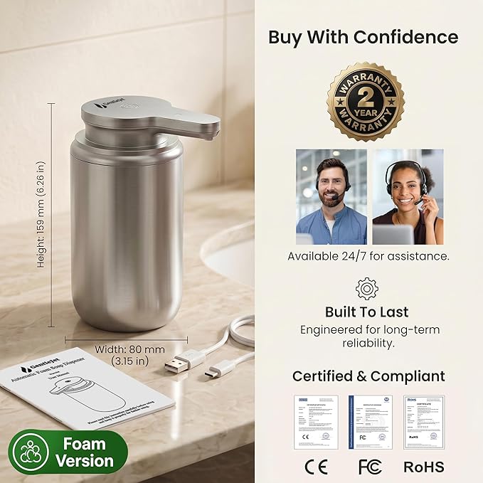 GentleJet WaveJet Automatic Foaming Soap Dispenser Touchless Sensor, USB-C Rechargeable, 304 Stainless Steel, IPX5 Waterproof for Bathroom Kitchen Sink, 12 oz / 350 ml