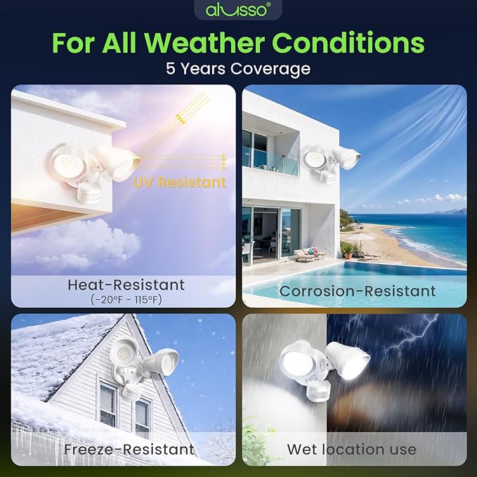 ALUSSO Motion Sensor Outdoor Lights, 30W 3500LM Flood Lights Outdoor 120V, 3 Modes (Dusk to Dawn/Auto/On Time), 3CCT 3000K/4000K/6500K Waterproof Hardwired ETL Listed, Porch Flood Light, White 2PCS