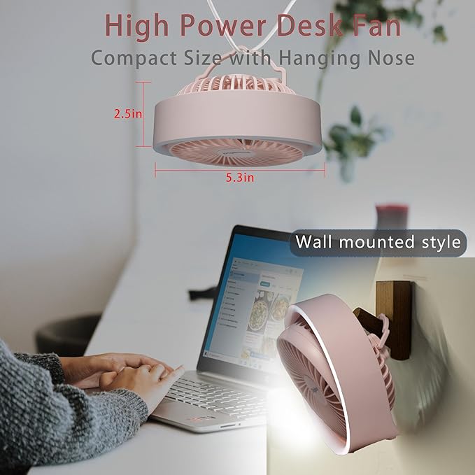 Digibond Pink Desk Fan, Small Quiet with Ambient Light/Hook Portable USB Fan 5.3in High Power 3000mAH Rechargeable Battery Operate 3 Speed 180°Rotated Easy Clean