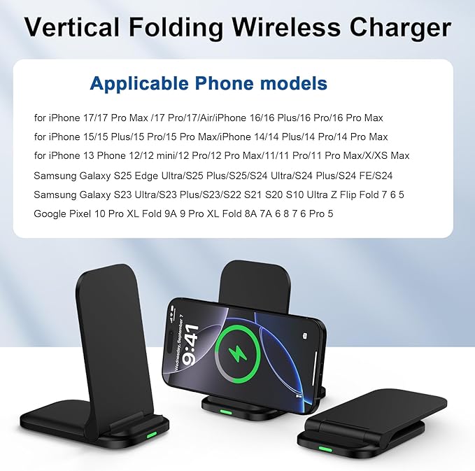 Foldable Wireless Charger Samsung Wireless Charging Station for Galaxy S26 S25 Edge S25 Ultra Plus S24 S23 S22 S21 S20 S10,15W Android Dock Charger Phone Charging Stand for Google Pixel 10 9 8