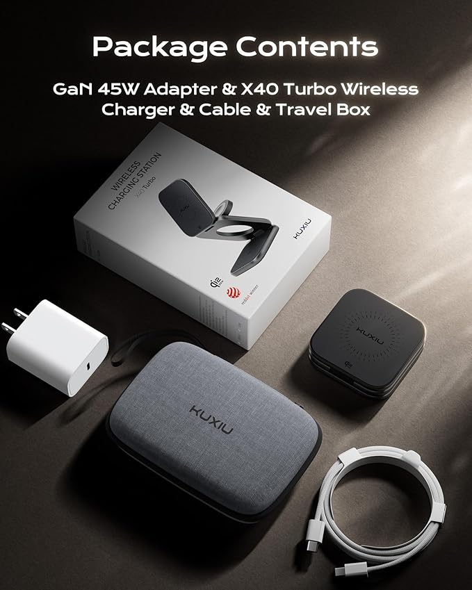 KU XIU Qi2.2 25W Magnetic Wireless Charger, Foldable 3 in 1 Travel Charging Station for iPhone 17/16/15/14/13/12, 5W for Apple Watch & AirPods, Aluminum Alloy Design, 45W GaN Adapter Included, Black