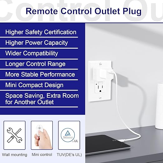 Greencycle Remote Control Outlet,Wireless Light Switch and 3 Outlet Plugs,Remote Outlets Switch,No Wiring Needed,500ft Range Coverage,15A/1500W for Lamps,Fans,TV,FCC Certified, White