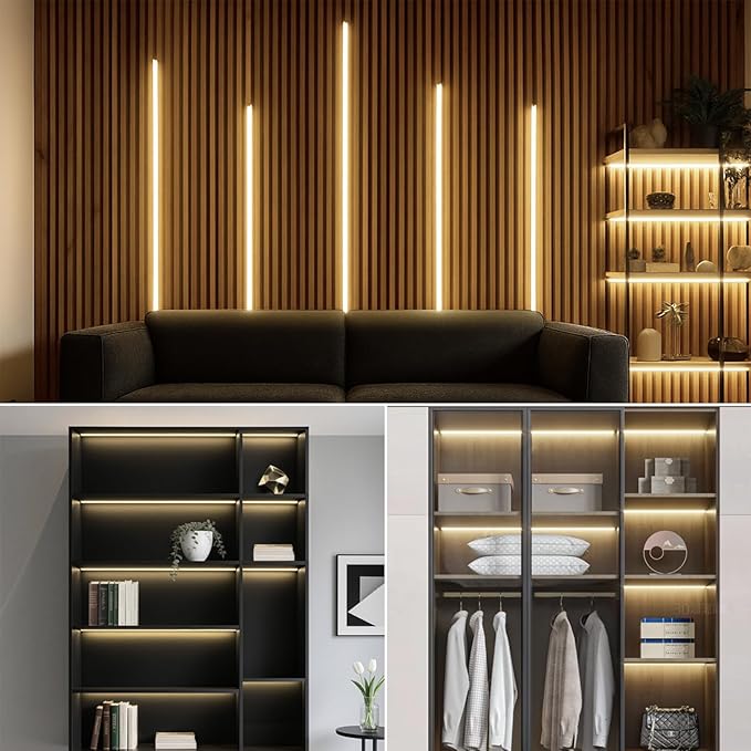 LED Recessed Lighting Kit,6PCS 12V Black COB LED Strip Lights,6.56Ft 4000K with Touch Dimmable Switch Self-Adhesive LED Uner Cabinet Light for Wood Slat Wall Panels, Headboards, Shelves
