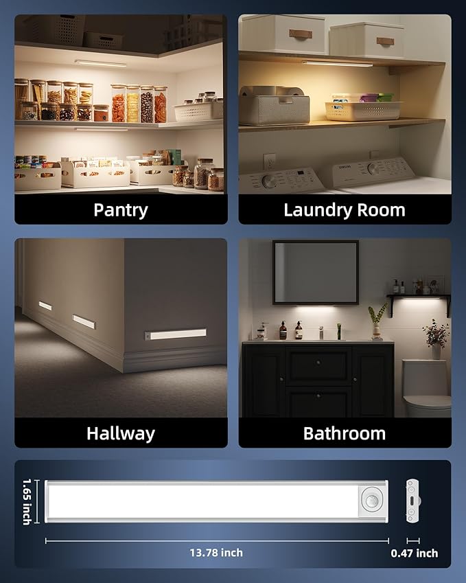 3Pack-Under Cabinet Lighting Wireless, Rechargeable Battery Motion Sensor Light Indoor, LED Closet Lights USB Charging, 3 Color Dimmable Under Cabinet Lights for Kitchen, Cabinet, Wardrobe (14inch)