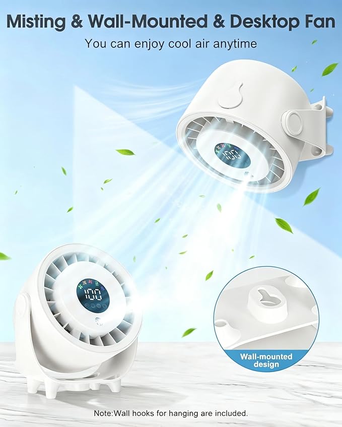Ouddy Mode Small Desk Fan, 4000mAh Portable Misting Fan Quiet Table Fans with LED Display, Wall-Mouted Design USB Rechargeable Desktop Fans for Bedroom Travel Office Home Kitchen Outdoor White
