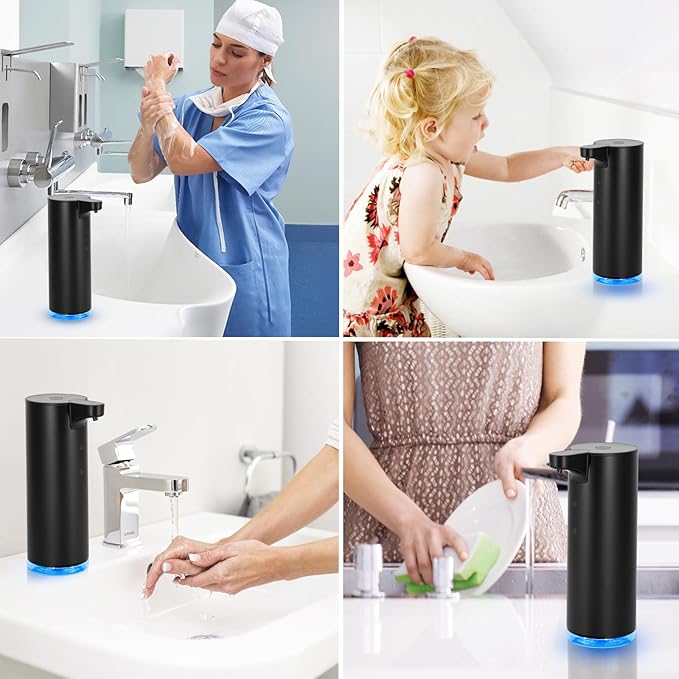 Automatic Hand Soap Dispenser Touchless: Foaming Soap Dispenser Stainless Steel - Free Touch Electric Soap Dispenser Rechargeable with Sensor for Bathroom, Commercial (Black)