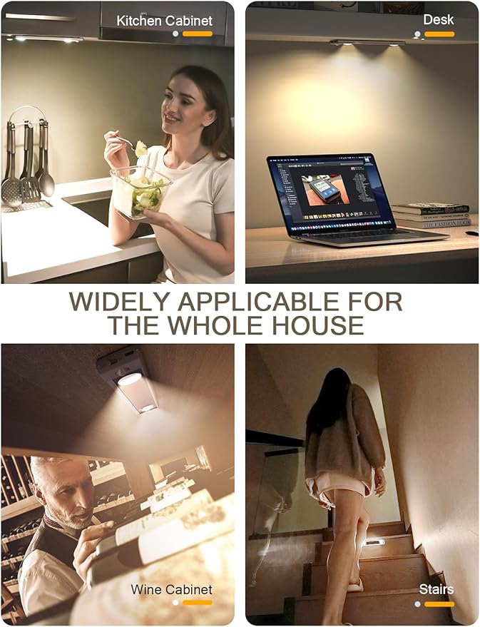 YIGER Under Cabinet Lights, Wireless Motion Sensor Light Indoor,10in LED Warm Lighting Rechargeable Battery Operated,4 Modes Night Light, Stick-On Magnetic Closet Lights for Kitchen, Hallway(2 Pack)