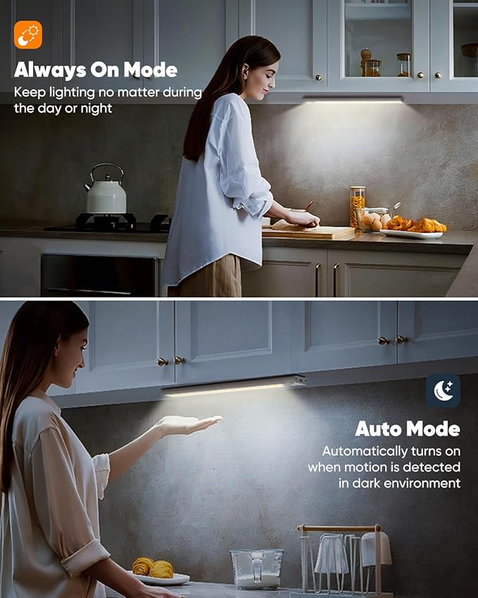 VerRon 10in Under Cabinet Lighting, Upgraded 2200mAh Rechargeable Under Cabinet Lights Wireless, LED Motion Sensor Light Indoor Closet Lights Under-Counter Light Fixtures for Kitchen, Hallway, 2-Pack
