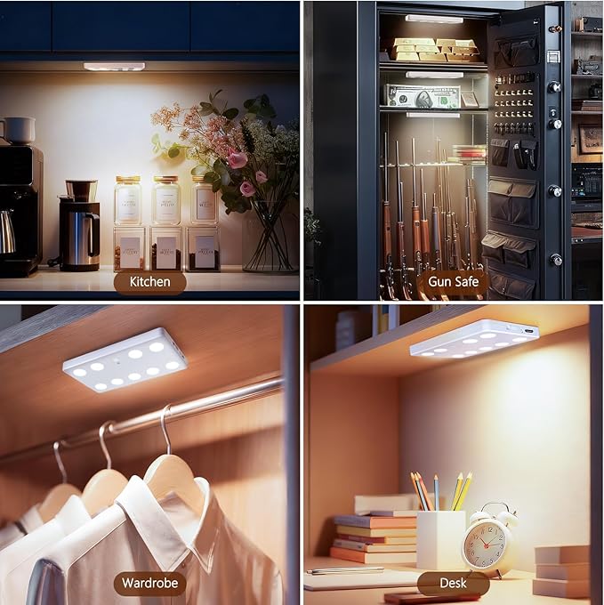 VST 9-LED Motion Sensor Cabinet Light, Ultra-Thin Magnetic Under Cabinet Light, USB Rechargeable, Warm White, 2-Pack, Ideal for Cupboards, Gun Safe, Closet, Car Trunk, Kitchen, Garage,Pantry,Wardrobe