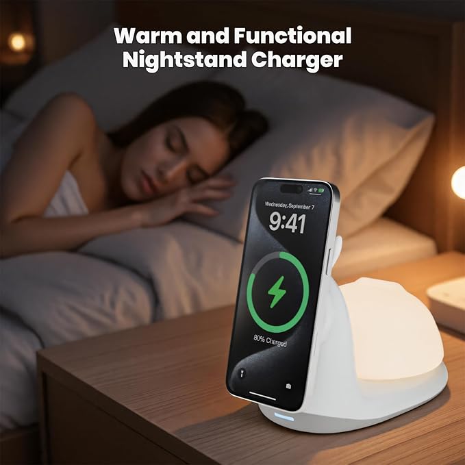 Magnetic Wireless Charger Stand for iPhone: 15W Fast Charging Desk with Night Light for Kids Mag Safe iPhone 17 16e 16 15 14 13 12 Pro Max - Cute Touch Lamp for Nightstand & Bedroom & Breastfeeding