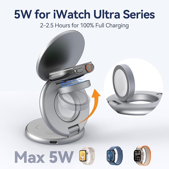 KU XIU X63 3 in 1 Charging Station for Apple, Aluminum Alloy Foldable Magnetic Wireless Charger, Travel Charger for iPhone 16/15/14/13/12 Series, Apple Watch& AirPods(with 20W Adapter)-Silver