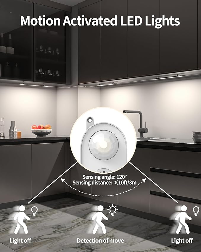 Motion Sensor Dimmable Under Cabinet Lighting, 4500K Daylight, Plug-in, Linkable LED Closet Light Bars, 12-inch 3 Pack