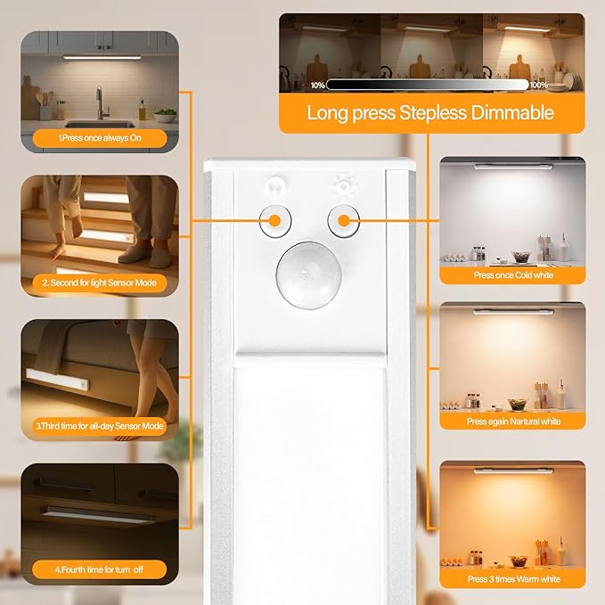 Under Cabinet Lighting, 2 Pack Rechargeable Motion Sensor Light Indoor, 3 Color Temps Dimmable Closet Light, Wireless Under Counter Lights for Kitchen, Closet, Stairs