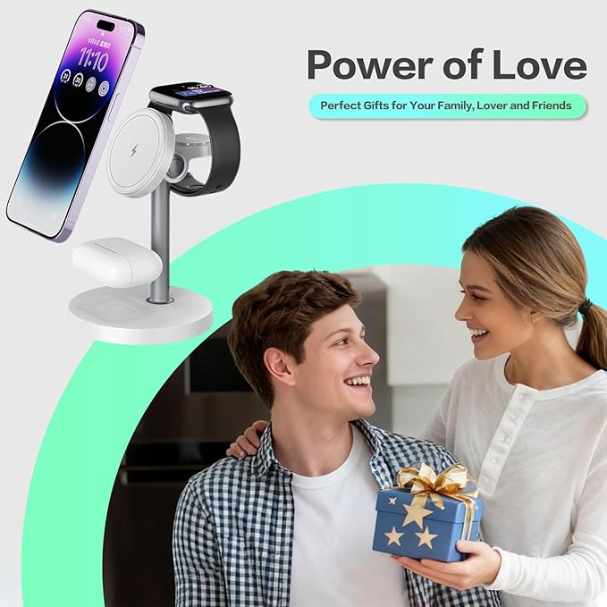 3 in 1 Wireless Charging Station Compatible with MagSafe, 15W Fast Charging Magnetic Mag-Safe Charger Stand for Apple iPhone 17 16 15 14 13 12Series Apple Watch AirPods Pro 4 3 2, Gifts for Men Dad