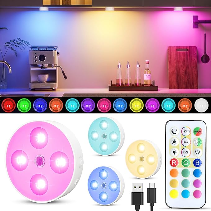 HOMEBEST RGB Puck Lights with Remote & Motion Sensor – 1500mAh Rechargeable Under Cabinet Lighting for Kitchen, Closet & Stairs – 13 Colors, Magnetic Stick-On Lights, 4 Pack
