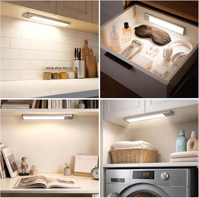 8.8 inch Under Cabinet Lighting, LED Motion Sensor Light with 3 Color Temps, 1500mAh USB Rechargeable Closet Lights, Dimmable Wireless Under Counter Lights for Stairway, Wardrobe, Kitchen(2 Pack)