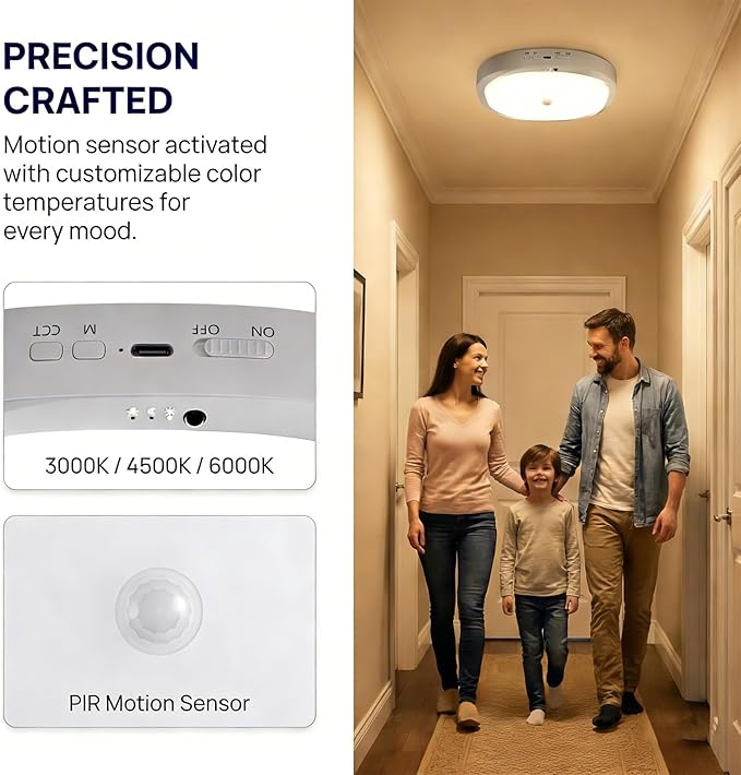 Rechargeable Motion Sensor Ceiling Light Indoor, Cordless Closet Light with 10000mAh Battery, 3 Color Temperatures, 550LM Motion Activated Light for Closet,Shower,Stairs,Pantry,Remote Control