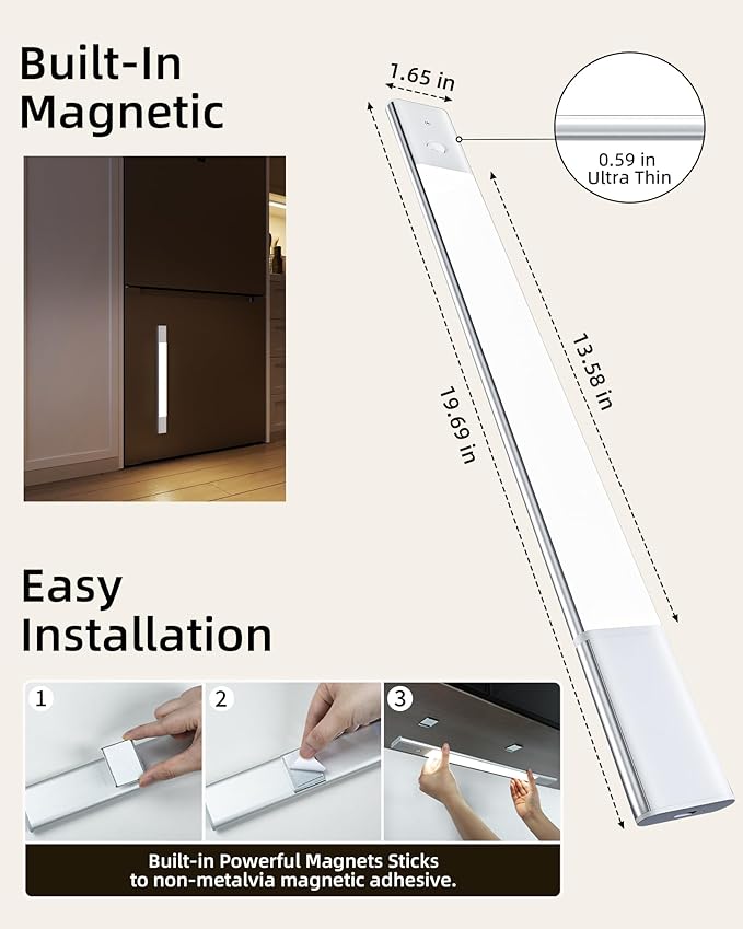 EZVALO Under Cabinet Lighting, 2200mAh Closet Lights with 2 Extra Batteries, 3 Color Temps Motion Sensor Lights Indoor, LED Lights for Closet, Pantry, Kitchen