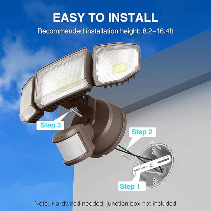 Abovizo 85W LED Security Lights Motion Sensor Light Outdoor, 8500LM Dusk to Dawn, IP65 Waterproof, 6500K, 3 Head Motion Detected Flood Light, Floodlight for Outside, Garage, Yard, Porch (Brown)